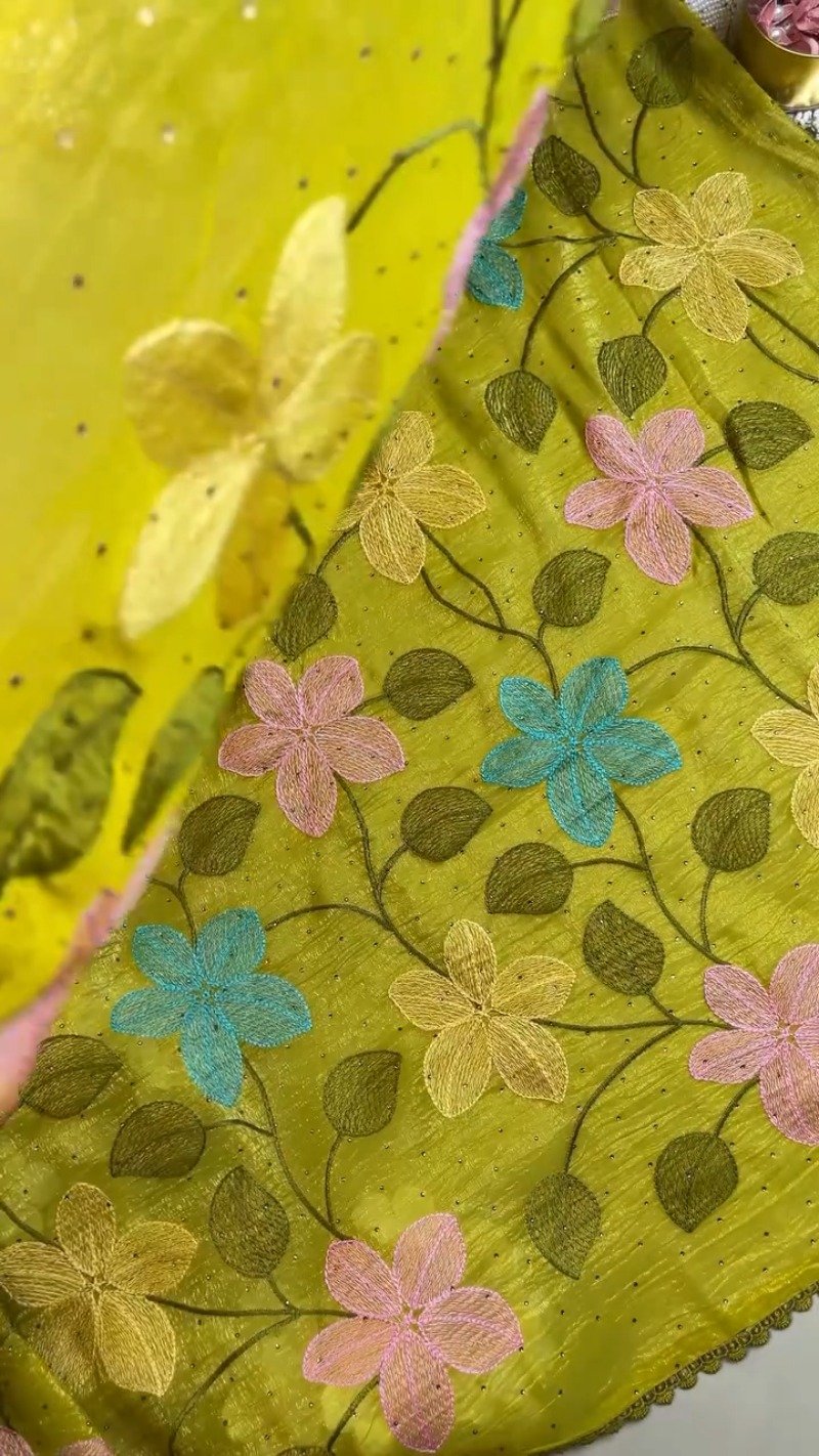 Radiant Lime Green Floral Embroidered Organza Saree Set