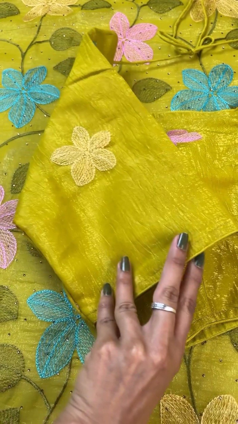 Radiant Lime Green Floral Embroidered Organza Saree Set