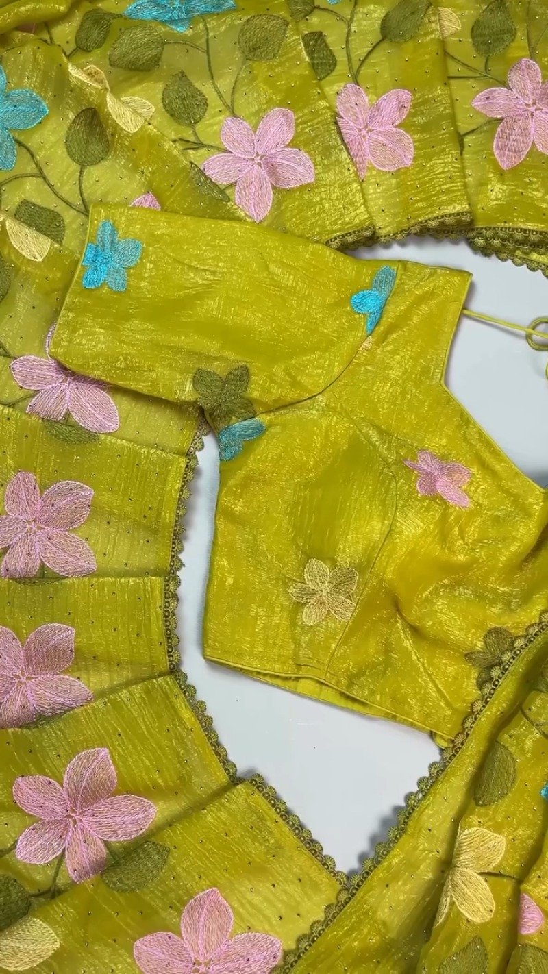 Radiant Lime Green Floral Embroidered Organza Saree Set