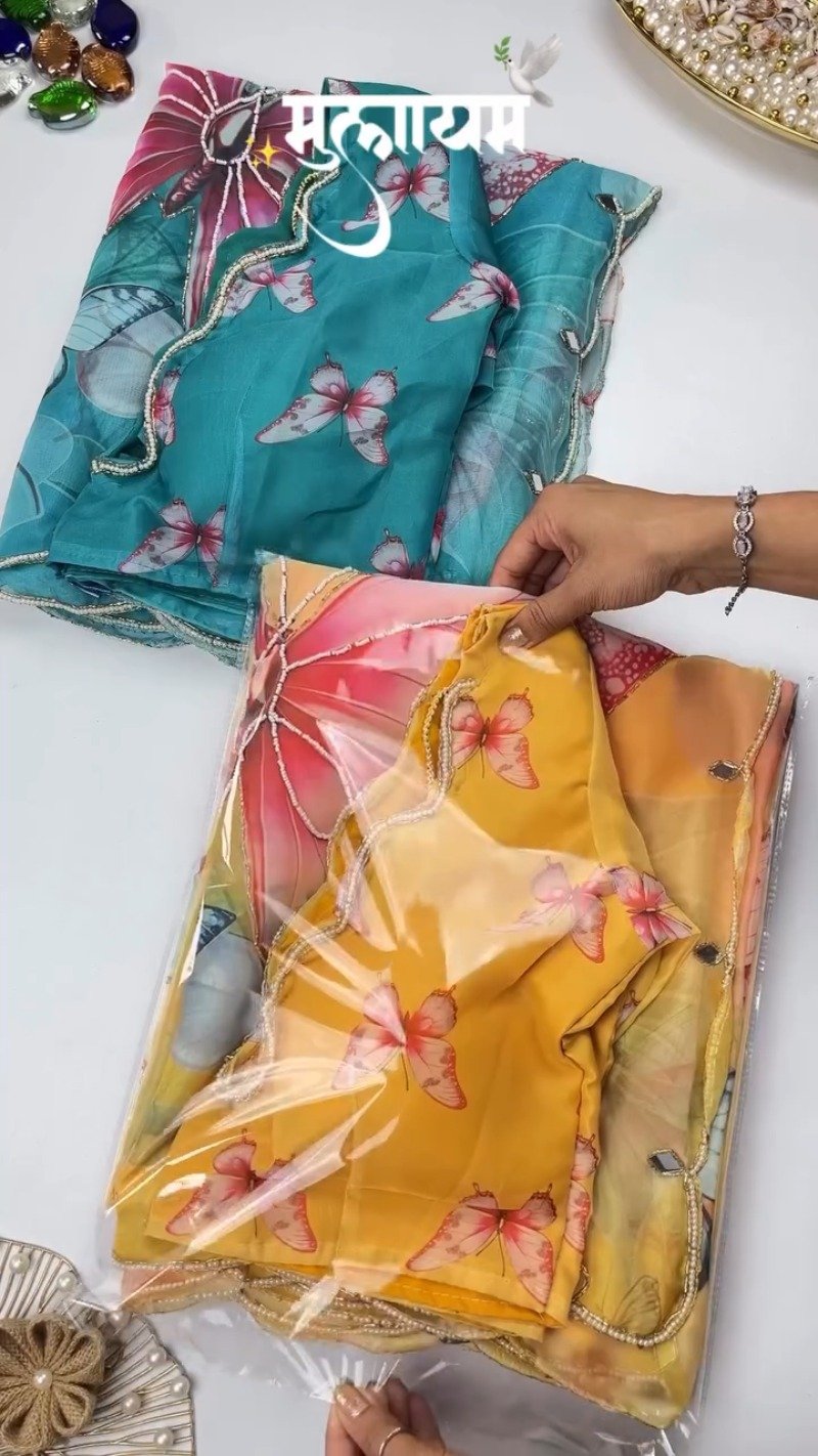 Ethereal Butterfly Embellished Organza Saree – Available in Teal & Mustard Yellow