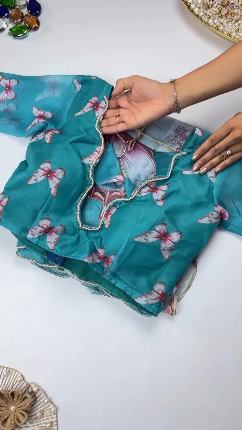 Ethereal Butterfly Embellished Organza Saree – Available in Teal & Mustard Yellow