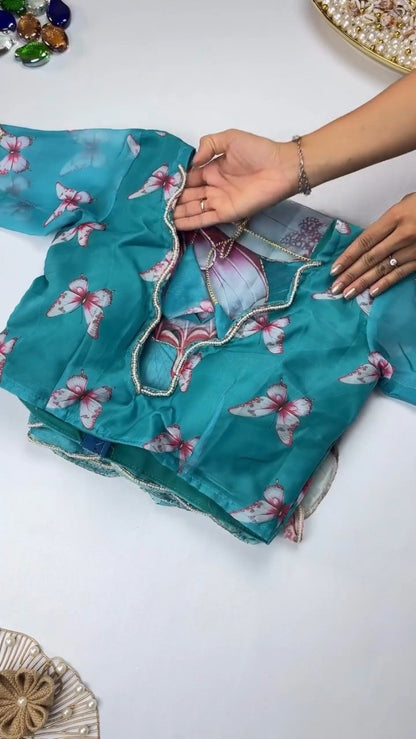 Ethereal Butterfly Embellished Organza Saree – Available in Teal & Mustard Yellow