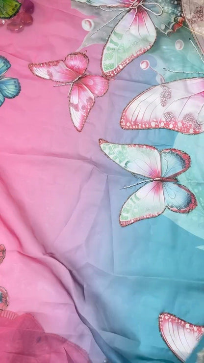 Ethereal Butterfly Embellished Organza Saree – Available in Teal & Mustard Yellow