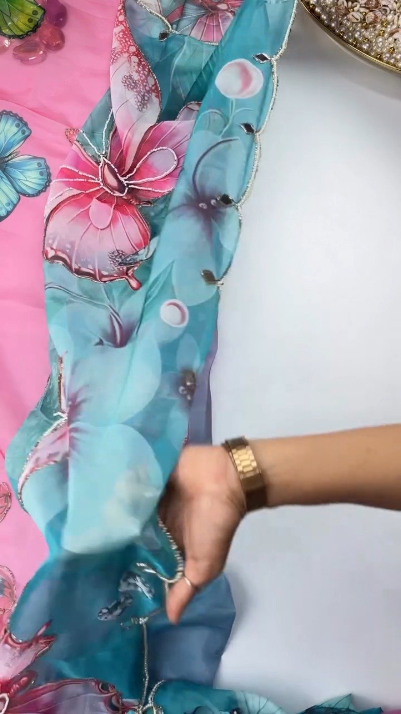 Ethereal Butterfly Embellished Organza Saree – Available in Teal & Mustard Yellow