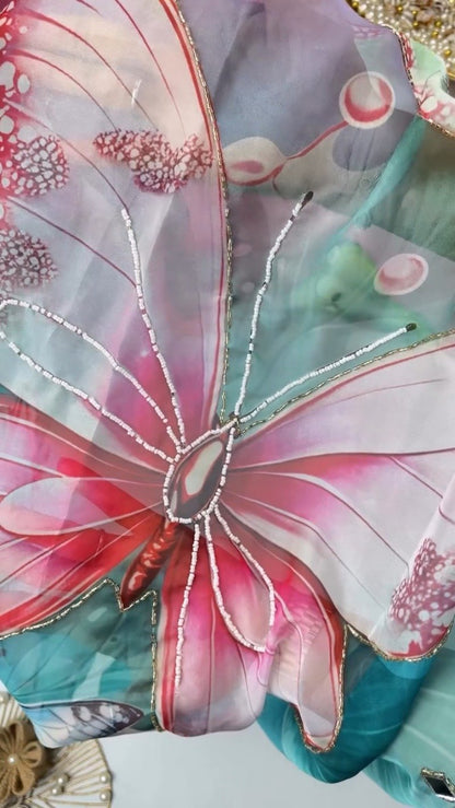 Ethereal Butterfly Embellished Organza Saree – Available in Teal & Mustard Yellow