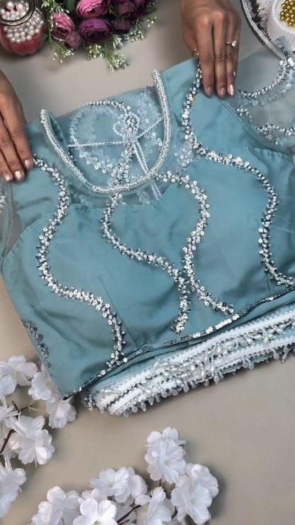 Stunning Sequin-Embellished Organza Saree & Blouse Set in Seafoam Green