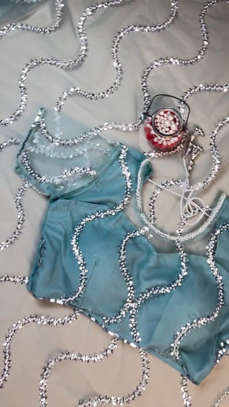 Stunning Sequin-Embellished Organza Saree & Blouse Set in Seafoam Green