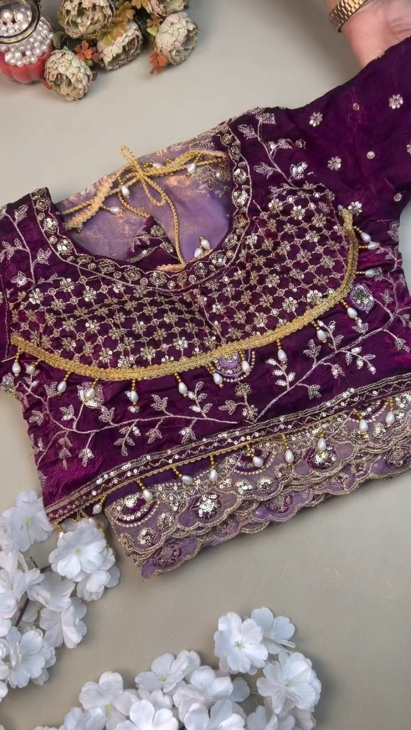 Regal Plum Hand-Embroidered Velvet Blouse & Saree Set