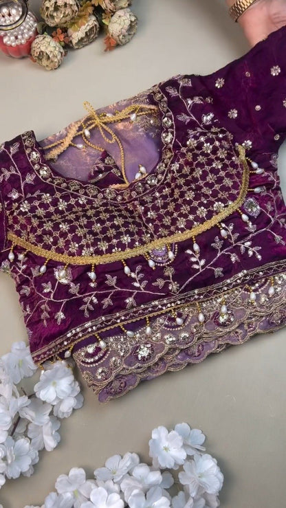 Regal Plum Hand-Embroidered Velvet Blouse & Saree Set