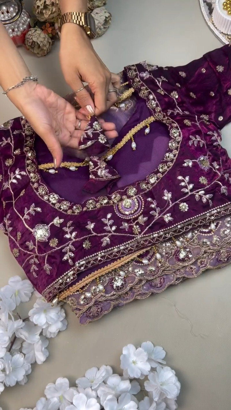 Regal Plum Hand-Embroidered Velvet Blouse & Saree Set