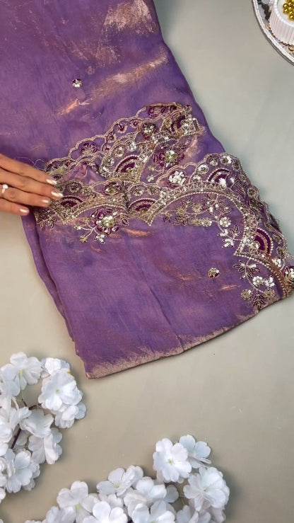 Regal Plum Hand-Embroidered Velvet Blouse & Saree Set
