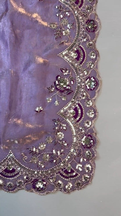 Regal Plum Hand-Embroidered Velvet Blouse & Saree Set