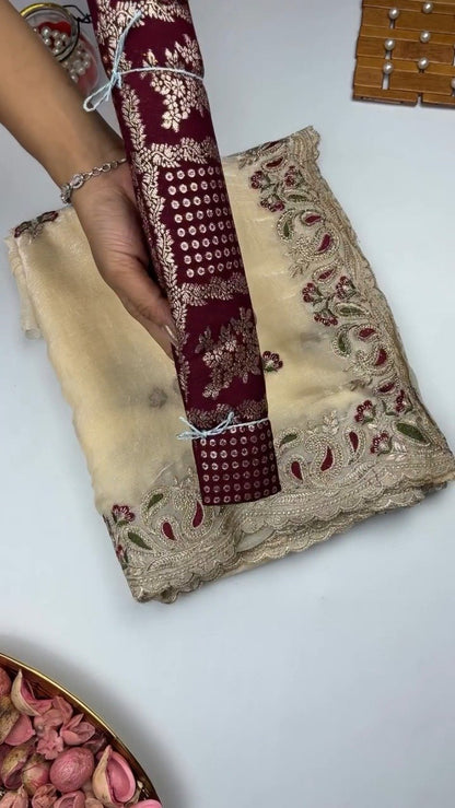 Opulent Ivory & Maroon Floral Embroidered Organza Saree – Available in Classic Ivory & Rich Maroon