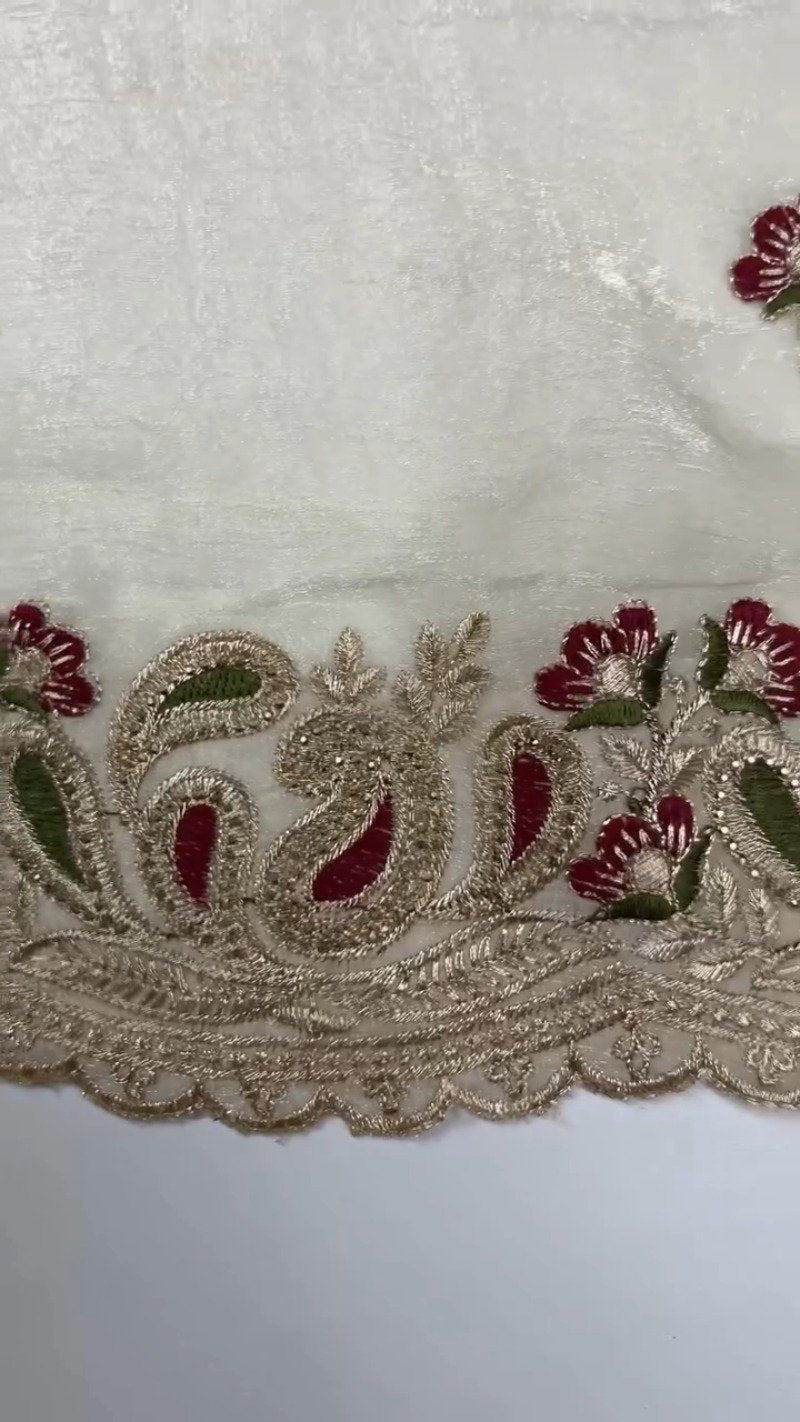 Opulent Ivory & Maroon Floral Embroidered Organza Saree – Available in Classic Ivory & Rich Maroon