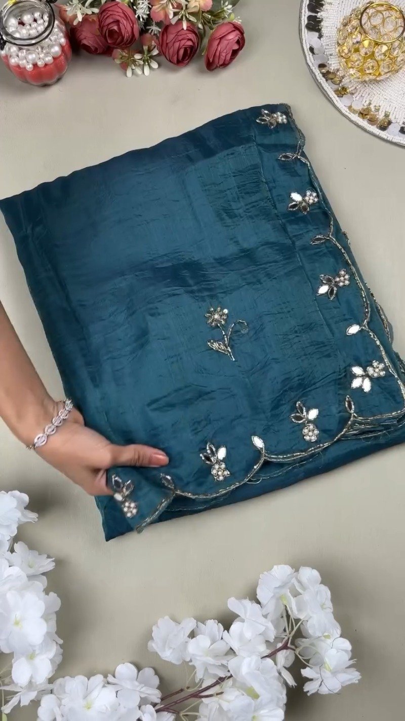 Midnight Teal & Pearl Embellished Organza Saree Ensemble