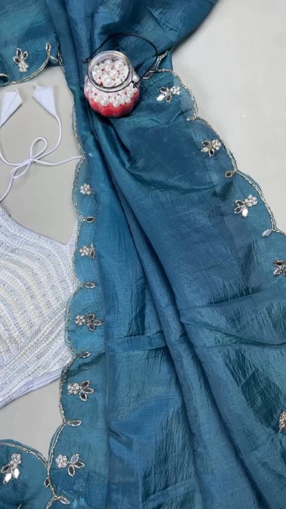 Midnight Teal & Pearl Embellished Organza Saree Ensemble