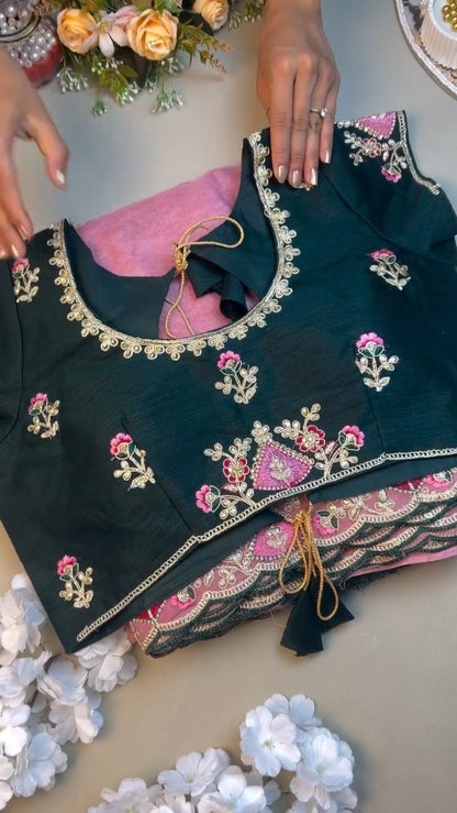 Enchanting Mauve Rose Embroidered Saree Set with Contrast Deep Emerald Blouse