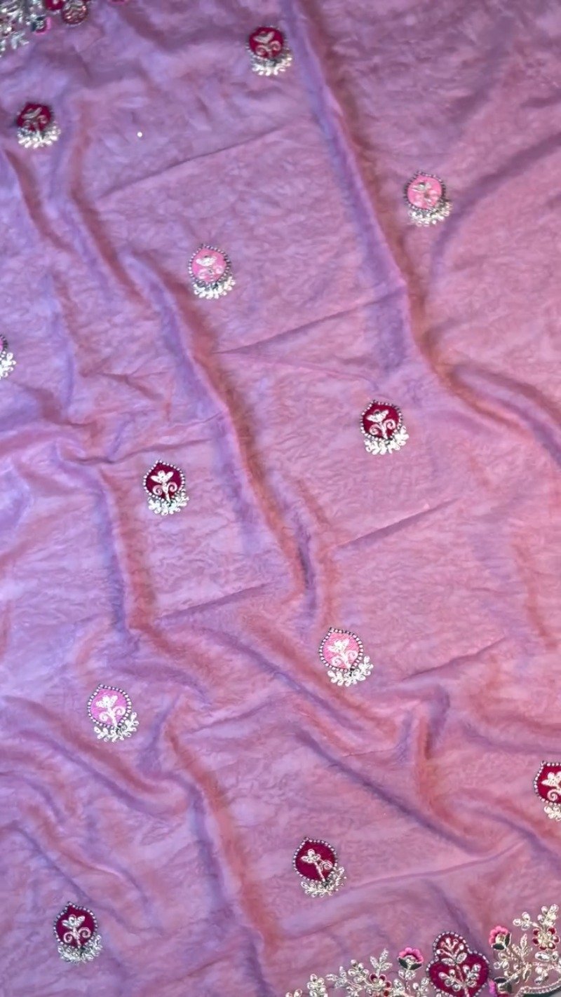 Enchanting Mauve Rose Embroidered Saree Set with Contrast Deep Emerald Blouse