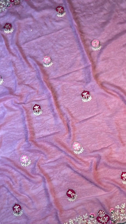 Enchanting Mauve Rose Embroidered Saree Set with Contrast Deep Emerald Blouse