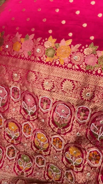 Regal Fuchsia Banarasi Silk Saree with Floral Jaal Embroidery
