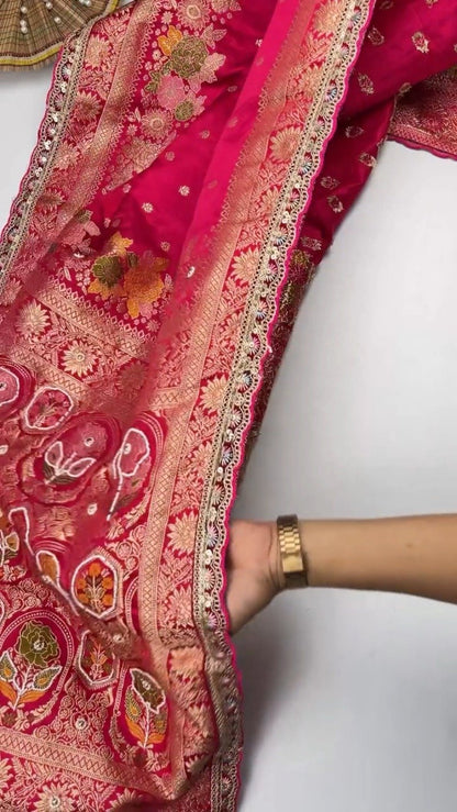 Regal Fuchsia Banarasi Silk Saree with Floral Jaal Embroidery