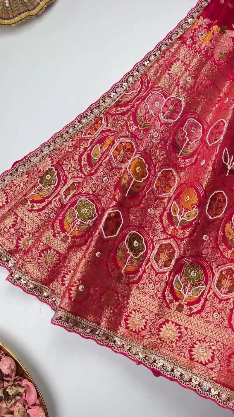 Regal Fuchsia Banarasi Silk Saree with Floral Jaal Embroidery