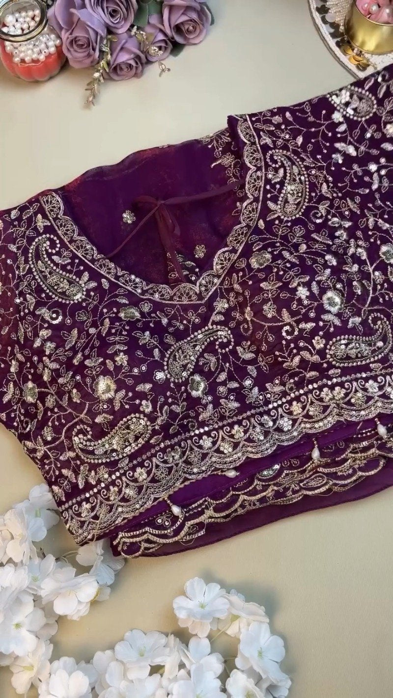 Royal Violet Embroidered Organza Saree and Blouse Set – Ethereal Elegance