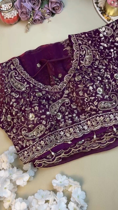 Royal Violet Embroidered Organza Saree and Blouse Set – Ethereal Elegance