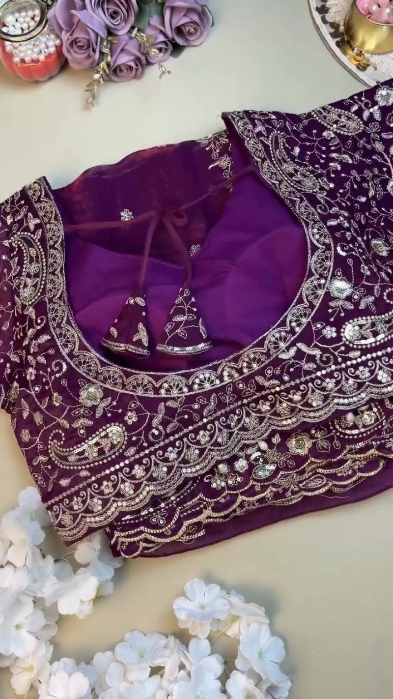 Royal Violet Embroidered Organza Saree and Blouse Set – Ethereal Elegance