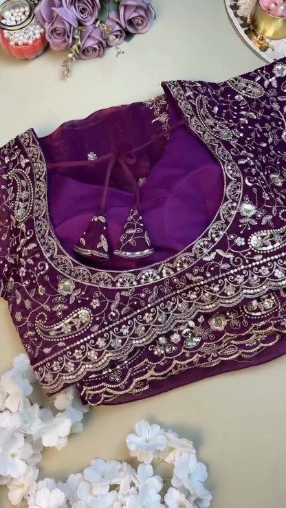 Royal Violet Embroidered Organza Saree and Blouse Set – Ethereal Elegance
