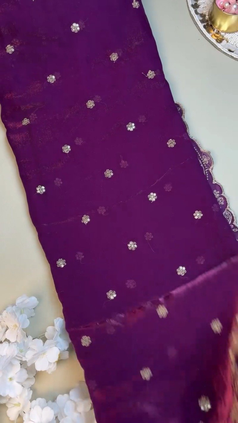 Royal Violet Embroidered Organza Saree and Blouse Set – Ethereal Elegance