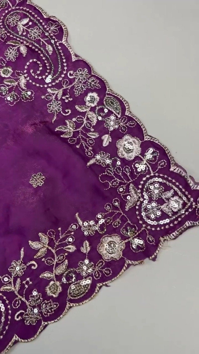 Royal Violet Embroidered Organza Saree and Blouse Set – Ethereal Elegance