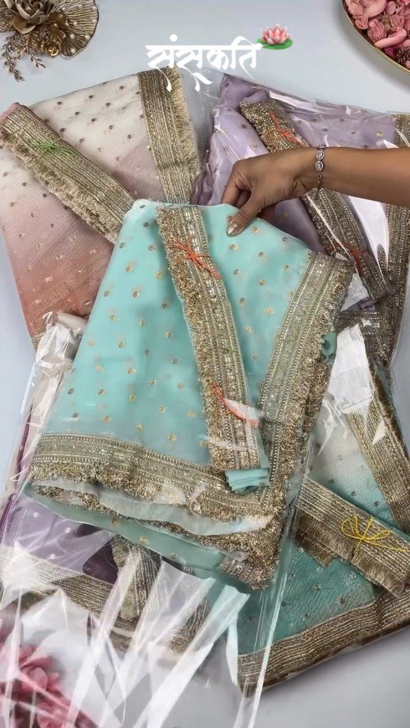 Ethereal Embroidered Ombré Organza Saree – Available in Peach, Lilac, and Mint Green