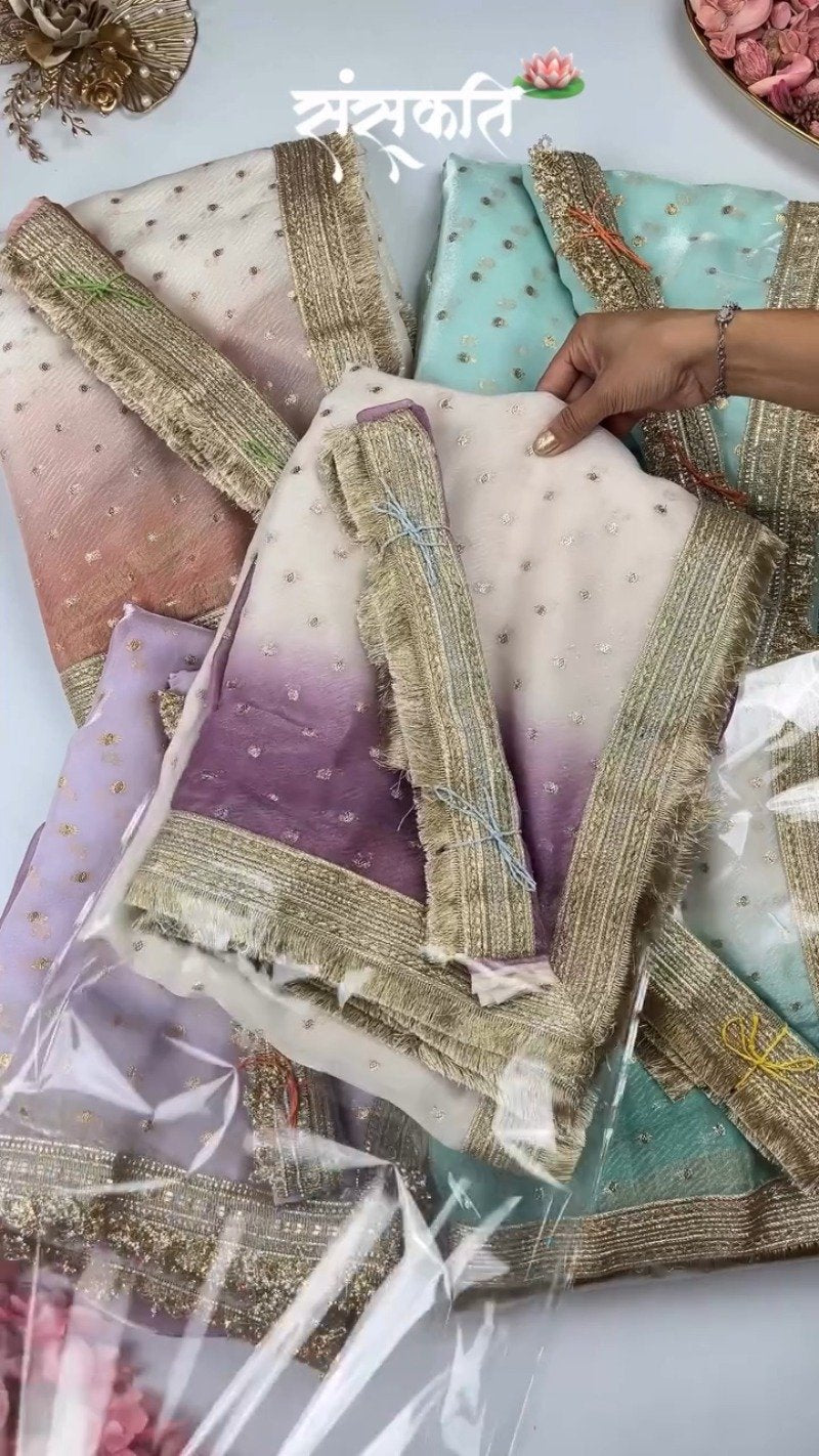 Ethereal Embroidered Ombré Organza Saree – Available in Peach, Lilac, and Mint Green