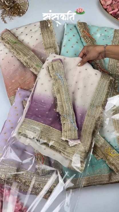 Ethereal Embroidered Ombré Organza Saree – Available in Peach, Lilac, and Mint Green