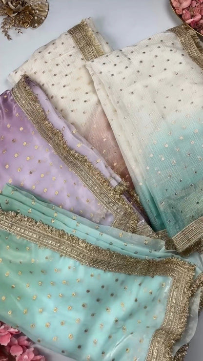 Ethereal Embroidered Ombré Organza Saree – Available in Peach, Lilac, and Mint Green