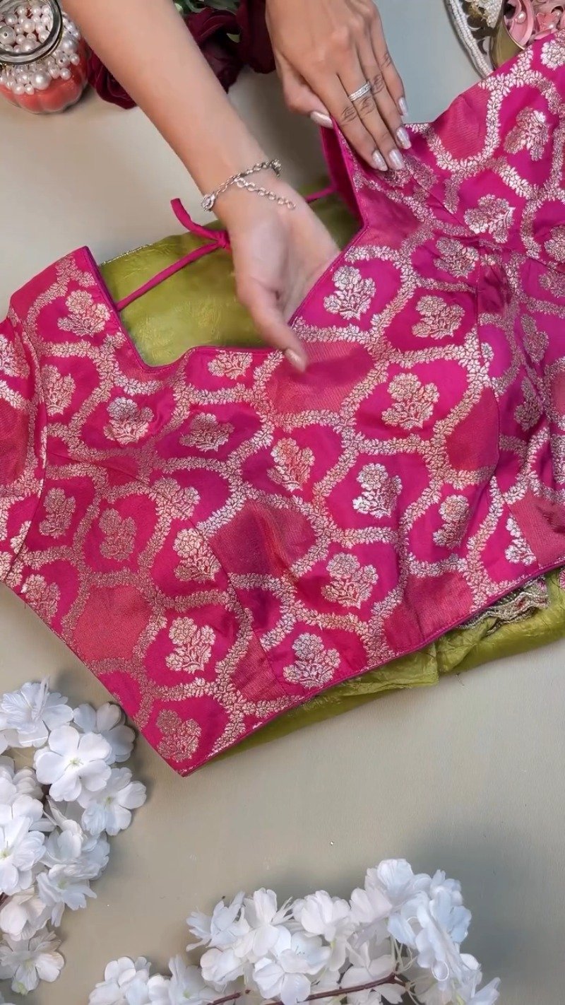 Lime Green Silk Floral Embroidered Saree with Fuschia Pink Brocade Blouse