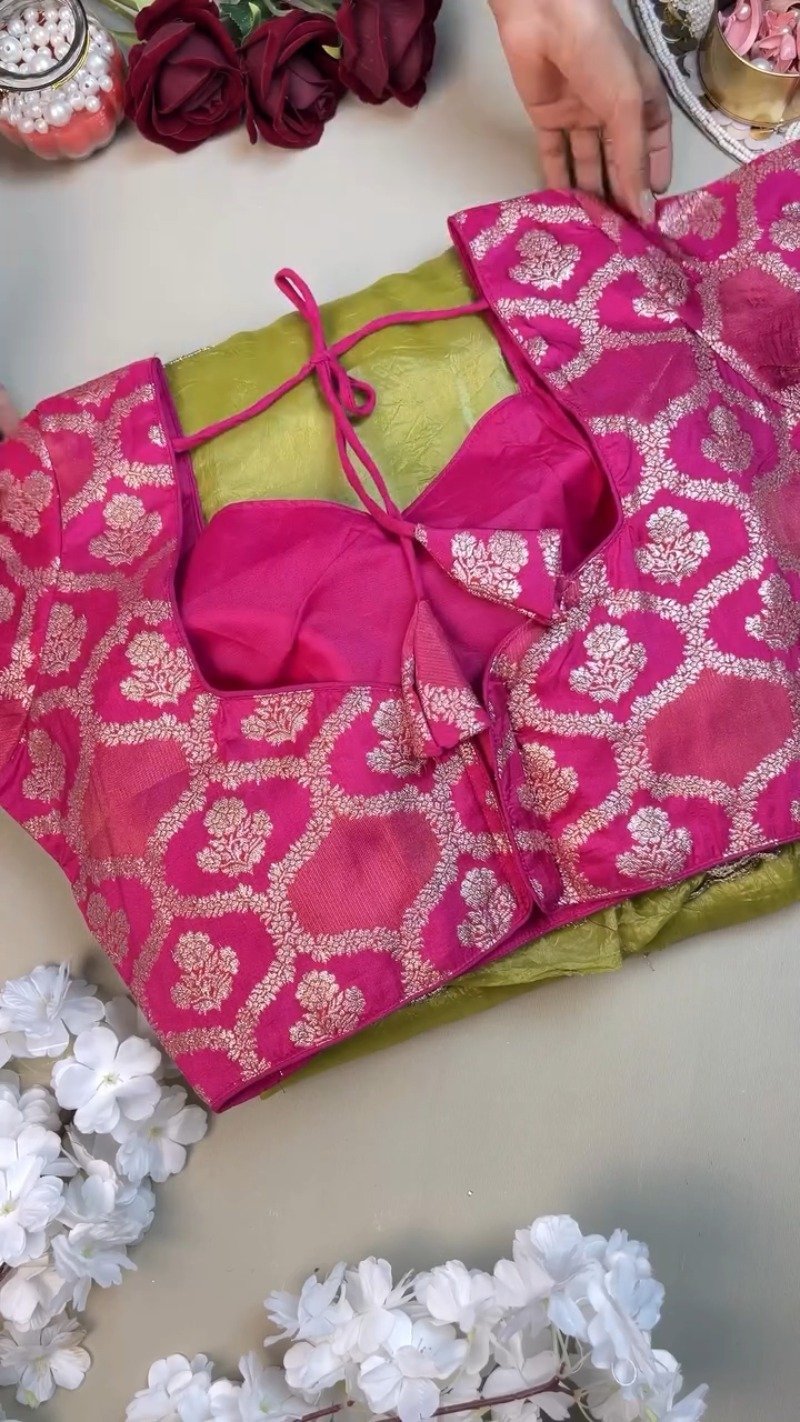 Lime Green Silk Floral Embroidered Saree with Fuschia Pink Brocade Blouse