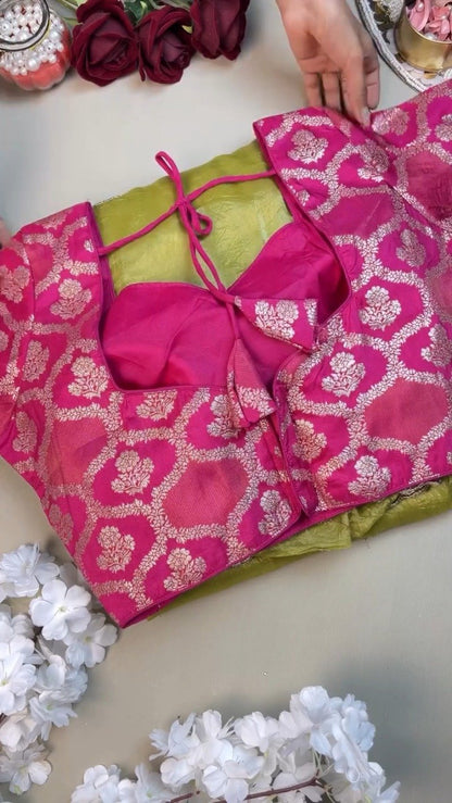 Lime Green Silk Floral Embroidered Saree with Fuschia Pink Brocade Blouse