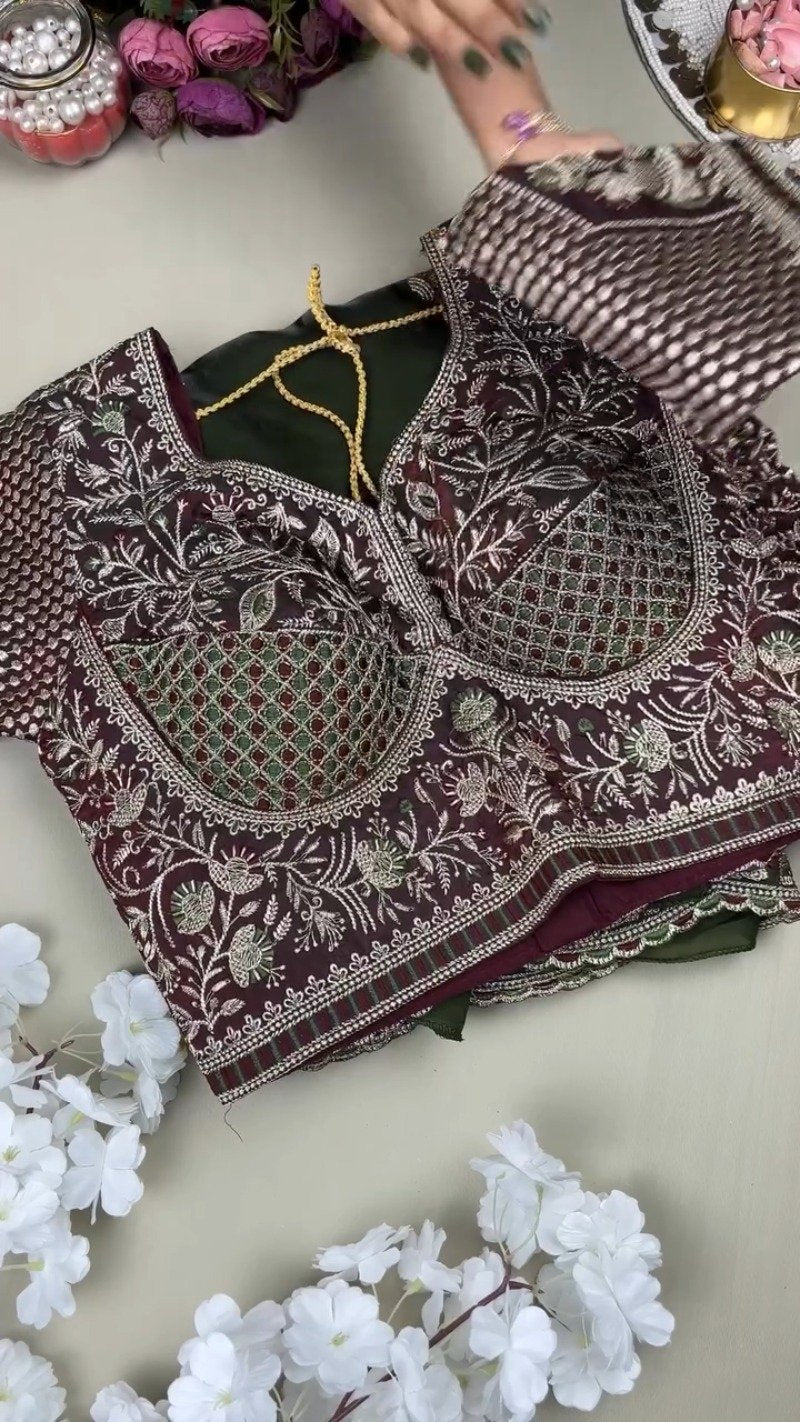 Olive Green Elephant Motif Embroidered Organza Saree & Blouse Set