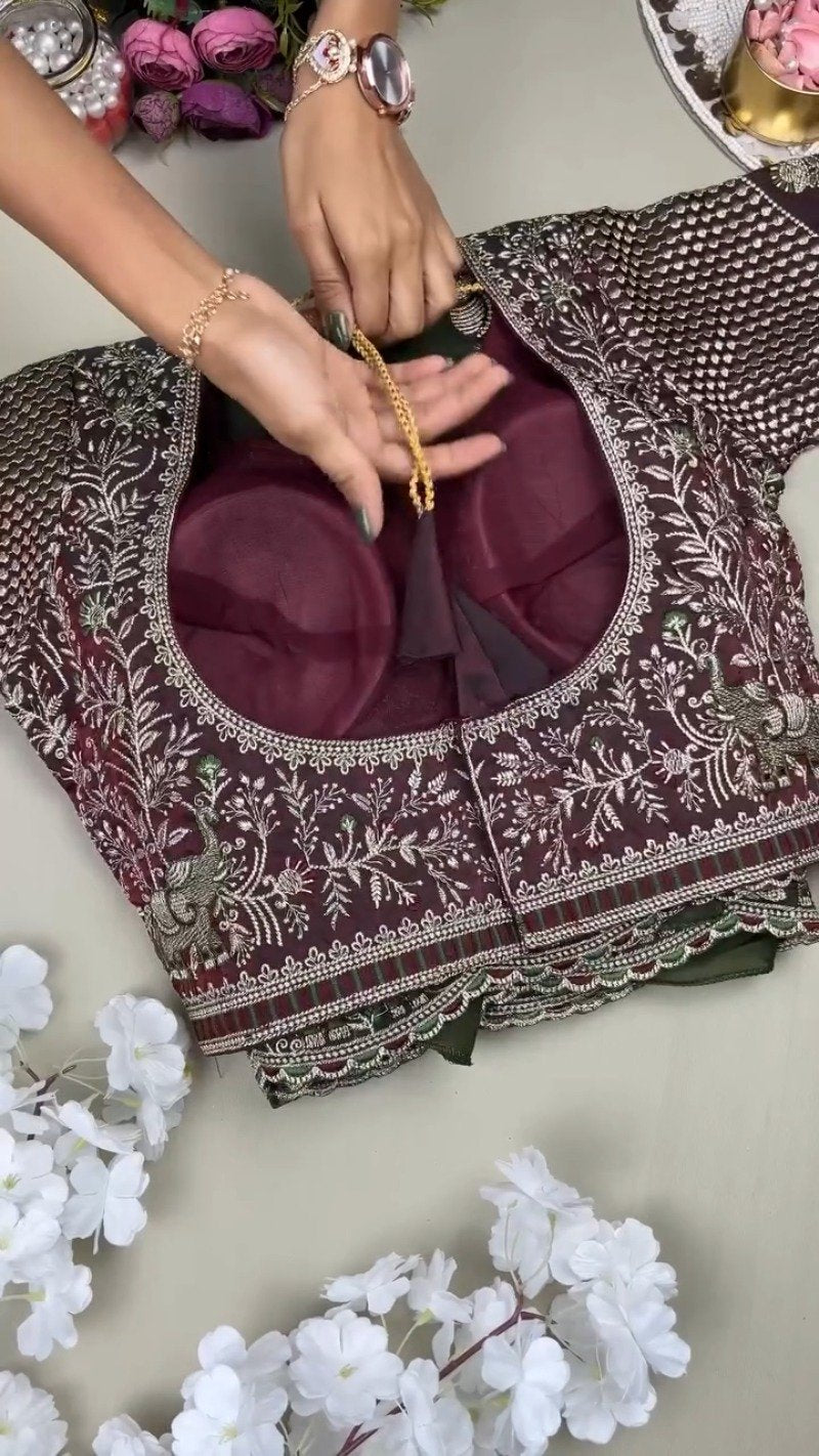 Olive Green Elephant Motif Embroidered Organza Saree & Blouse Set