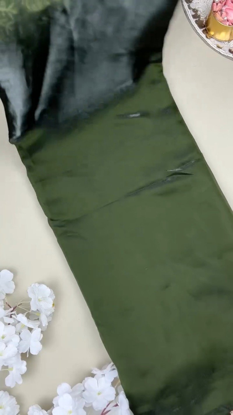 Olive Green Elephant Motif Embroidered Organza Saree & Blouse Set