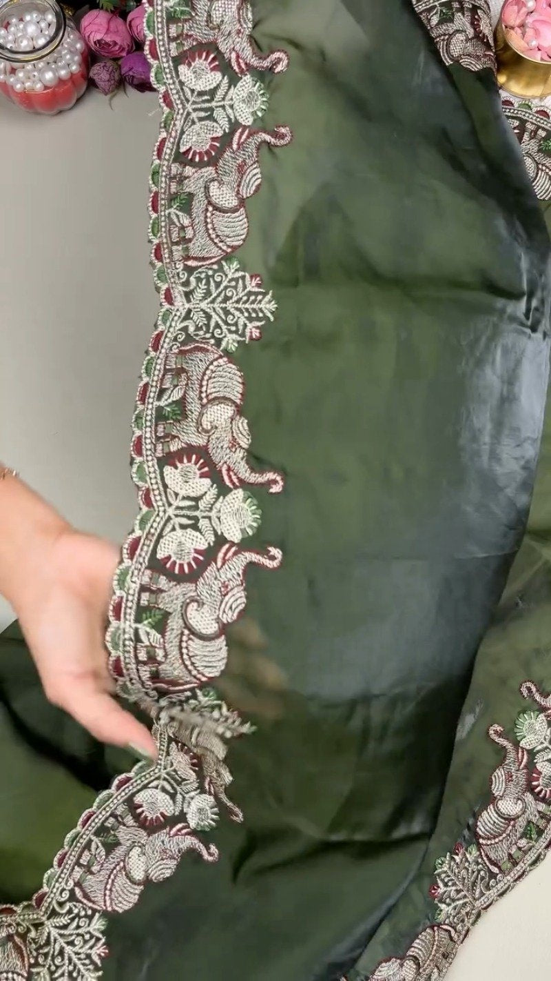 Olive Green Elephant Motif Embroidered Organza Saree & Blouse Set