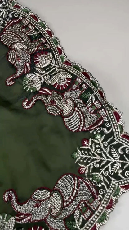 Olive Green Elephant Motif Embroidered Organza Saree & Blouse Set
