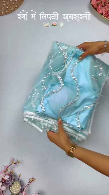 Ethereal Sequinned Organza Saree Set – Available in Serene Sky Blue & Vibrant Fuchsia Pink