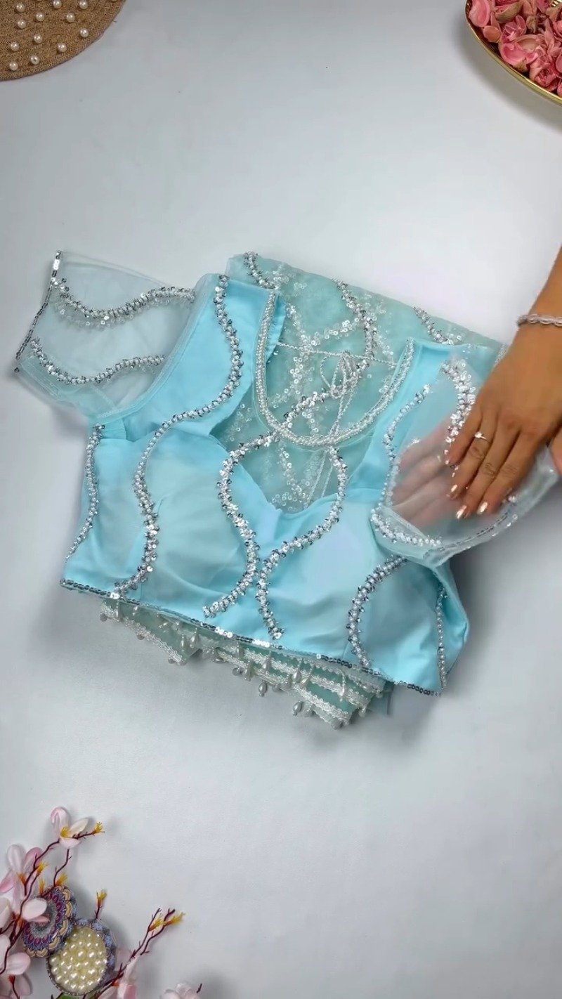 Ethereal Sequinned Organza Saree Set – Available in Serene Sky Blue & Vibrant Fuchsia Pink