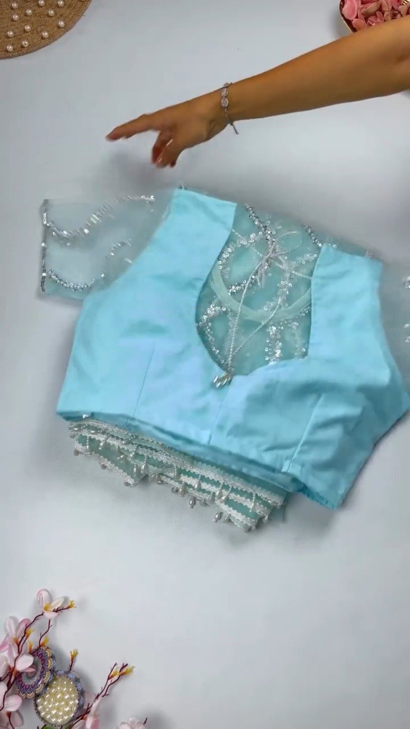 Ethereal Sequinned Organza Saree Set – Available in Serene Sky Blue & Vibrant Fuchsia Pink