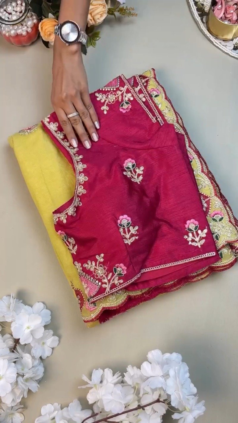 Sunshine Yellow Embellished Saree with Deep Magenta Contrast Blouse – Available in Yellow & Magenta Set