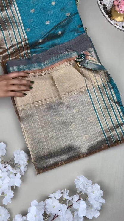 Midnight Teal & Champagne Shimmer Zari Weave Saree Set – Available in Teal & Champagne