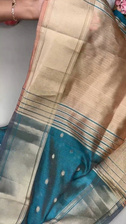 Midnight Teal & Champagne Shimmer Zari Weave Saree Set – Available in Teal & Champagne